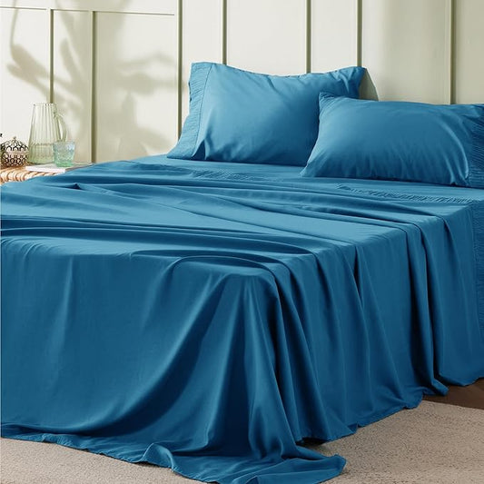 Bedsure Queen Sheet Set - 4 Pieces Soft Queen Size Sheets - Breathable & Cooling - Hotel Luxury - Easy Care Polyester Microfiber Bedding for Women, Men, Teal Blue