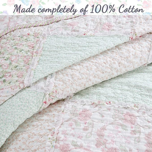 Cozy Line Home Fashions 100% Cotton Real Patchwork Floral Pink Rose Shabby Chic Girly Reversible Quilt Bedding Set, Coverlet Bedspread (La Rosa Rêve, Twin - 2 Piece)