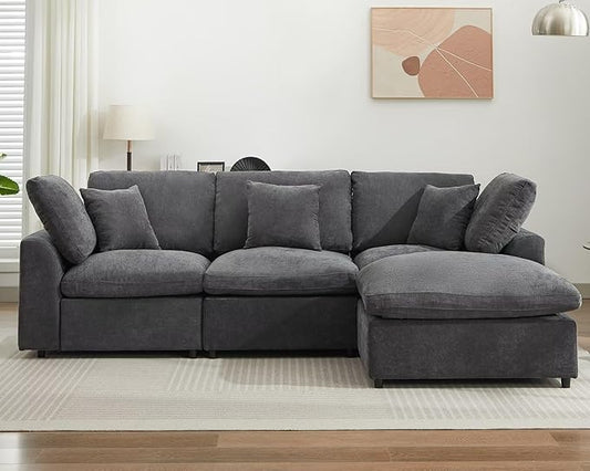 Modular Sectional Sofa Modern Oversized Chenille Cloud Couch with Movable Ottoman 4 Seater L-Shaped Sofas Comfy Couches for Living Room Spacious Space Office Lounge, Dark Grey