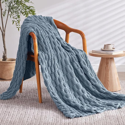 Knitted Weighted Blanket for Adult, No Beads Heavy Blanket 50” x 60'' 7lbs, Breathable Chunky Knit Blanket, Cooling Weighted Blanket for Hot Sleepers, Christmas Home Decor (Light Blue)