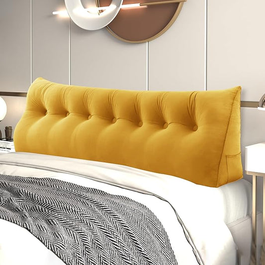 Headboard Wedge Pillow Large Bolster Reading Pillows for Sitting in Bed Adult, Velvet Triangular Cushion Backrest Lumbar Back Support Upholstered Daybed Sit Up Book Pillows(Yellow, King)