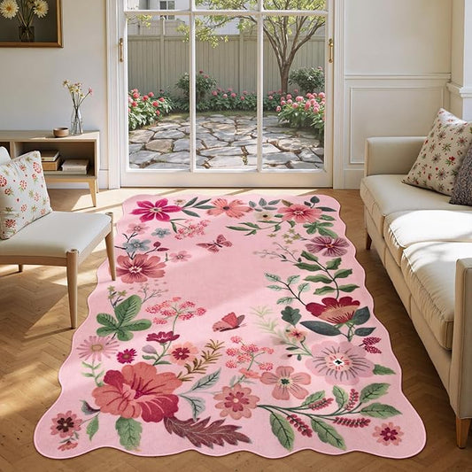 Lahome Floral Washable Rugs, 4X6 Pink Rugs for Bedroom Girls Ultra-Thin Soft Living Room Rug, Non-Slip Stain Resistant Boho Lightweight Low-Pile Throw Carpet for Nursery Office (4x6ft, Pink)