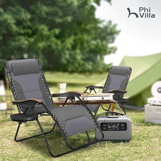 PHI VILLA XXL Oversized Padded Zero Gravity Chair, Foldable Patio Recliner, 30" Wide Seat Anti Gravity Lounger with Cup Holder, Support 400 LBS (Light Gray)