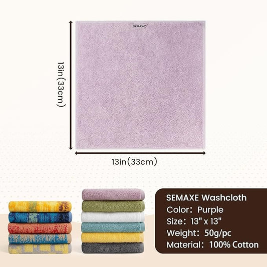 SEMAXE 100% Cotton Washcloths for Bathroom - 24 Pack, Quick-Dry Face Towels with Hanging Loop, Highly Absorbent and Soft, 13x13 Inch, Purple