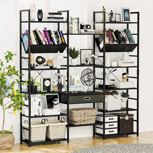 NUMENN Triple Wide 6 Tier Bookshelf, Adjustable Rustic Industrial Style Book Shelves, Modern Bookcases and Bookshelves Furniture for Bedroom, Living Room and Home Office, Black