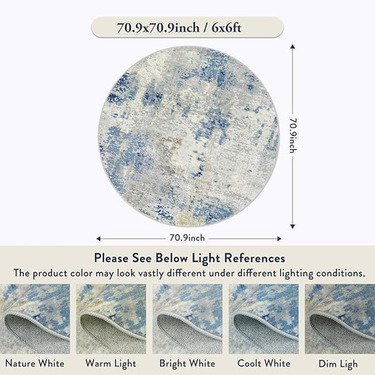 Lahome Modern Abstract Round Rug - 6Ft Large Blue Living Room Rug Washable 6x6 Circle Rugs for Bedroom Dining Room, Contemporary Indoor Office Carpet for Entryway Kitchen Table Home Nursery