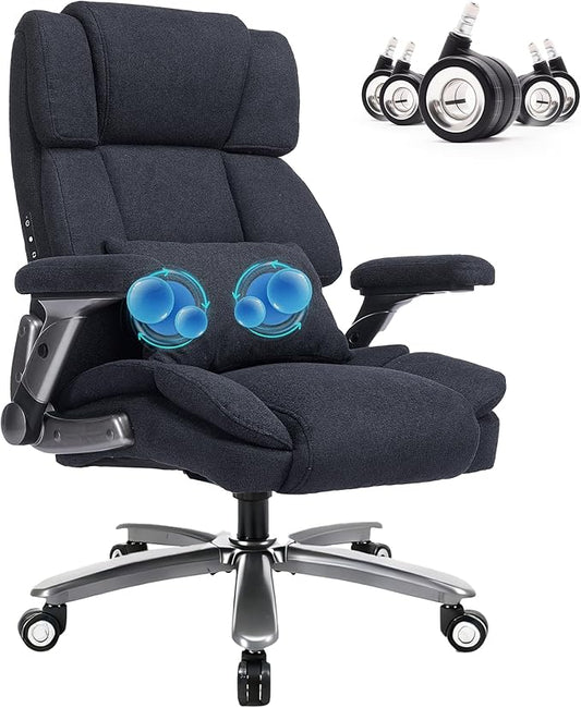 750lbs Heavy Duty Desk Chair with 3D Kneading Massage, Big and Tall Office Chairs with Ergonomic Support, 4D Armrests, 5 Quiet Dual Rubber Wheel, Thick Spring Cushion(Black-Fabric)