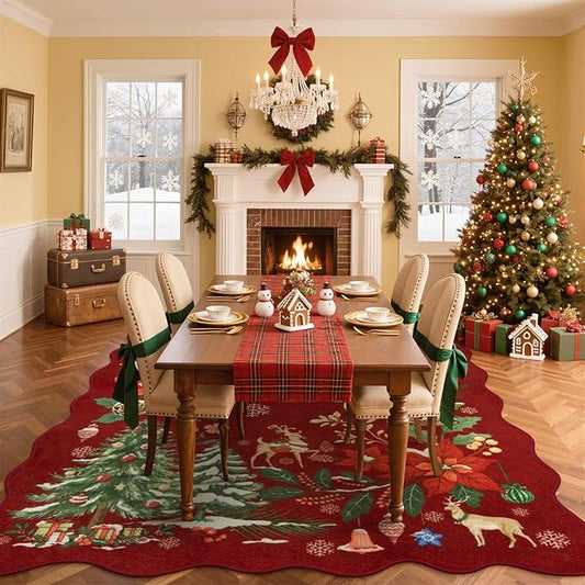 Lahome Floral Christmas Rugs for Living Room, Washable Christmas Rug 8x10 Under Bed Soft Xmas Tree Red Rug, Stain Resistance Large Carpets for Dining Room Office Home Decor, Red