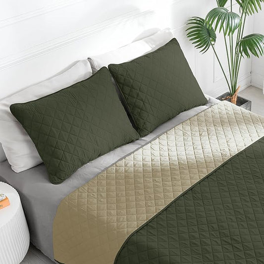 Easy-Going King Size Reversible Quilt Set with 1 Quilt and 2 Pillow Shams, Soft Bed Quilt Cover, Water Resistant Lightweight Microfiber Bedspread, Stain Resistant, Army Green/Beige