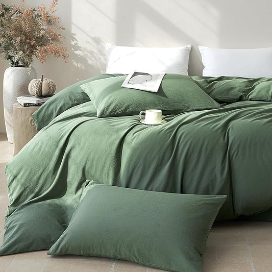 JELLYMONI Duvet Cover Queen Size - Washed Cotton Comforter Cover with Linen-Like Texture,Breathable & Soft Bedding for Modern Home,Guest Room and Everyday Use,Dusty Green 1 Duvet Cover & 2 Pillowcases