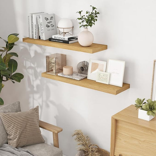 Fun Memories 40 Inch Floating Shelves for Wall, 9.3 Inch Deep Shelves for Books & Decor, Wall-Mounted Floating Shelf 40 Inch Long Set of 2, Rustic Wooden Shelf for Living Room, Bedroom, Kitchen, Oak