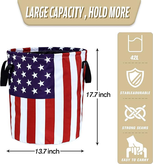 American Flag Laundry Basket Foldable Oxford Cloth Funny Tote Bag Laundry Hamper Clothes Storage Bucket Organizer For Bathroom/Laundry Storage/Bedroom Storage Basket 17.7x13.7 Inch