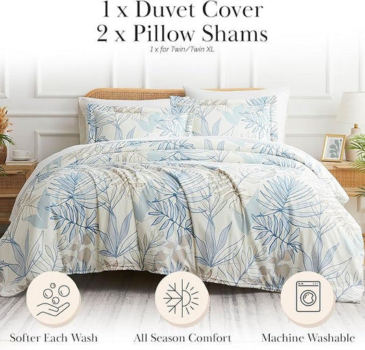 Southshore Fine Living, Inc. Tropical Pattern Duvet Cover Queen Size Boho Set, 1 Patterned Duvet Cover and 2 Pillow Shams, Full Size, Queen Size Bedding, Machine Washable, Full/Queen, Tropic Leaf Blue