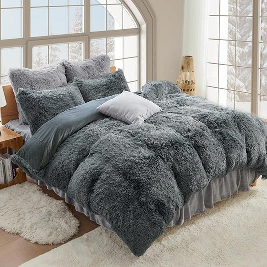 Sasttie 3-Piece Fluffy Duvet Cover Queen, Ultra Soft Faux Fur and Velvet Grey Comforter Cover, Luxury Fuzzy Bedding Sets for Winter Bed, Includes 1 Duvet Cover and 2 Pillowcases, No Comforter