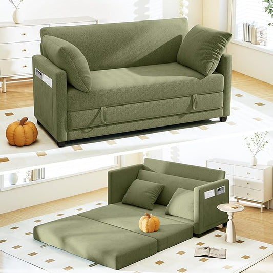 65" Convertible Loveseat Sofa Bed, 2 in1 Folding Sofa Bed, Loveseat Sleeper Sofa for Small Spaces, Fold Out Floor Couch with 2 Pillows for Apartment, Office & Guest Room (Green Chenille, 65 inch)