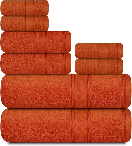Casa Lino Bath Towel Set of 8 (2 Bath Towels, 4 Wash Cloths & 2 Hand Towels for Bathroom) - 100% Cotton - Highly Absorbent & Quick Dry - Guest Room Essentials for Bathroom Set - (Coral Orange)