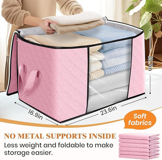 Fab totes 24 Gallons Clothes Storage, Foldable Thick Fabric Blanket Storage Bags, Containers for Organizing Bedroom, Closet, Clothing, Comforter, Organization with Handle (6 Pack,Pink)
