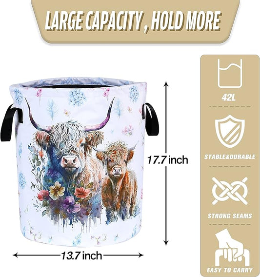 Highland Cow Laundry Basket Cattle Animal Foldable Oxford Cloth Funny Tote Bag Laundry Hamper Clothes Storage Bucket Organizer For Bathroom/Laundry Storage/Bedroom 17.7x13.7 Inch