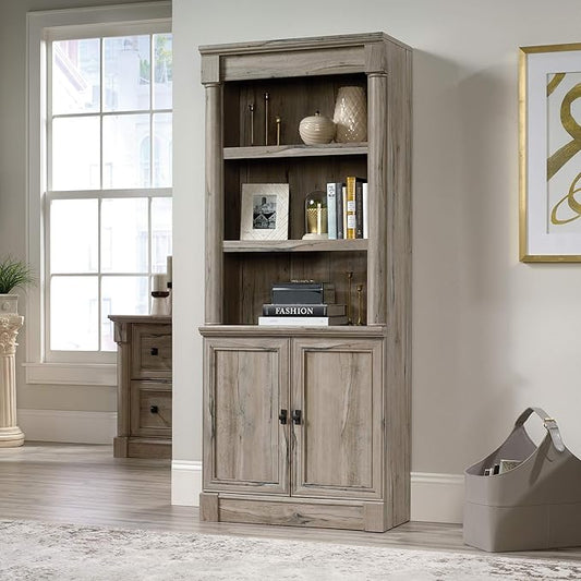 Sauder Palladia Book Shelf, Bookshelf with Storage, Library Bookcase with Doors and Adjustable Shelves, in Split Oak Finish
