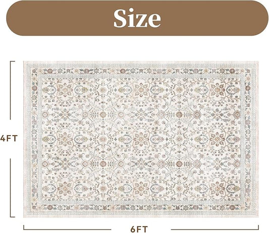 MontVoo-Vintage Area Rug 4X6 Beige Rugs for Living Room-Soft Distressed Printed Rugs for Bedroom-Non Slip Carpet-Machine Washable Rug for Dining Room Living Room Bedside Office