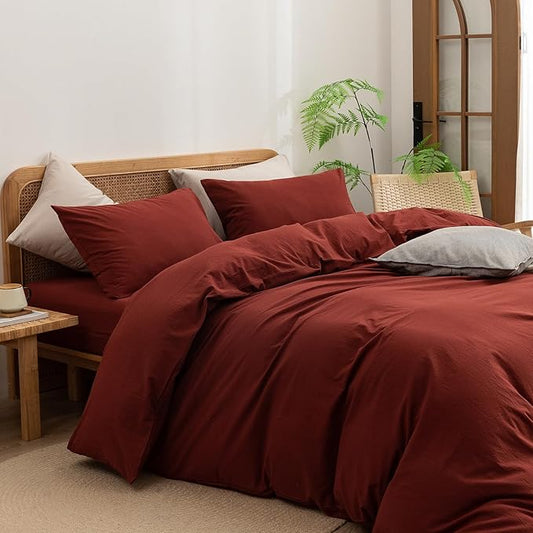 BESTOUCH Duvet Cover Set 100% Washed Cotton Linen Feel Super Soft Comfortable Chic Lightweight 3 PCs Home Bedding Set Solid Fired Brick Red Queen
