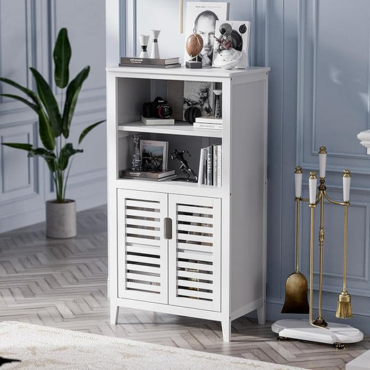 HITNET White Bathroom Cabinet, Bamboo Storage Cabinet Freestanding, Side Tall Storage Organizer for Kitchen Living Room Entryway