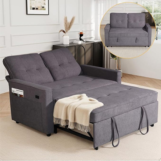 EJUNQ Pull Out Couch, Convertible Sofa Bed with USB and Reclining Backrest, Modern 3 in 1 Sleeper Sofa Couch Bed with Side Pockets, Comfortable Loveseat Sleeper for Small Spaces.((Gray)