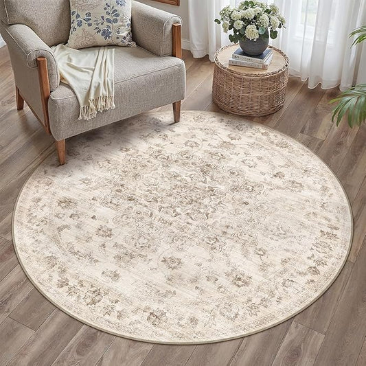 4x4 Washable Neutral Round Rug Beige Vintage Entryway Kitchen Cirlce Rug Non-Slip Soft Low Pile Floral Indoor Carpet for Entrance Bathroom Dining Room