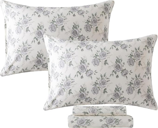 FADFAY Rose Sheets Set Twin Rustic Peony Floral Bedding Botanical Leaves Sheets Vintage Farmhouse Bedding 100% Cotton Ultra Soft Breathable Collection with Deep Pocket Fitted Sheet 4Pcs, Twin Size