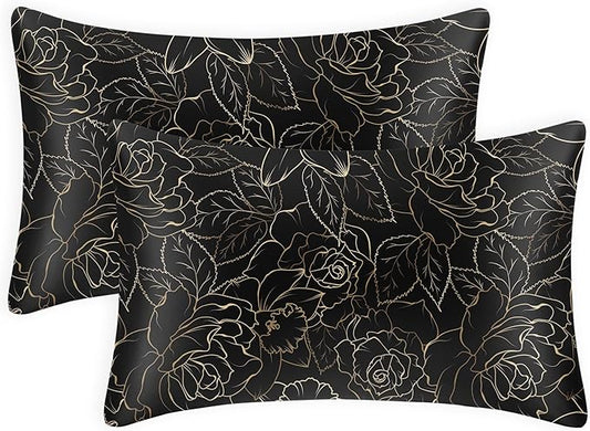 EXQ Home Satin Pillowcase for Hair and Skin- Rose on Black Silk Pillowcase 2 Pack 20x40 inches - King Size Pillow Cases with Envelope Closure, Gifts for Women