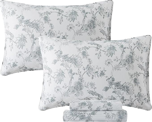 FADFAY Gray and White Sheets Set Full - Shabby Vintage Peacock Floral Bedding, Rustic Farmhouse Style, 100% Cotton Breathable With Deep Pocket Fitted Sheet, 4Pcs, Full Size