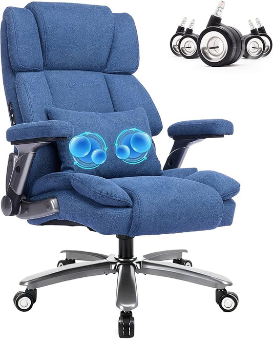 750lbs Heavy Duty Desk Chair with 3D Kneading Massage, Big and Tall Office Chairs with Ergonomic Support, 4D Armrests, 5 Quiet Dual Rubber Wheel, Thick Pocket Spring Cushion(Blue, Fabric)