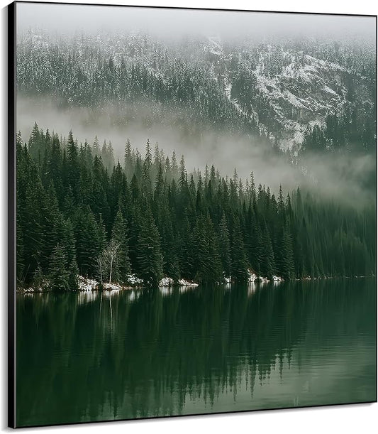 46"x46" XL Framed Wall Art - Misty Forest Landscape Green Pine Trees (Frame Assembly Required)