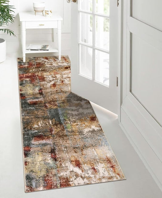 Lahome Washable Kitchen Runner Rug Non Skid, 2x7 Soft Bedroom Rug Runners for Hallways Non Slip, Soft Modern Abstract Floor Carpet Runner for Bathroom Entryway Stair Coffee Table Bar,Red/Multi