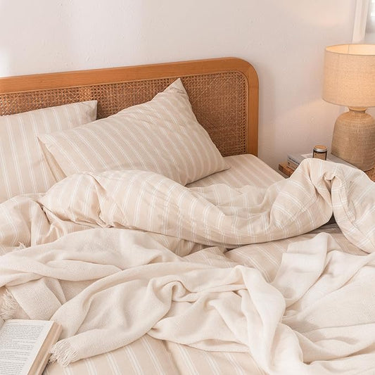 BESTOUCH Duvet Cover Set 100% Washed Cotton Linen Feel Super Soft Comfortable Chic Lightweight 3 PCs Home Bedding Set Almond Grey & White Stripes Queen