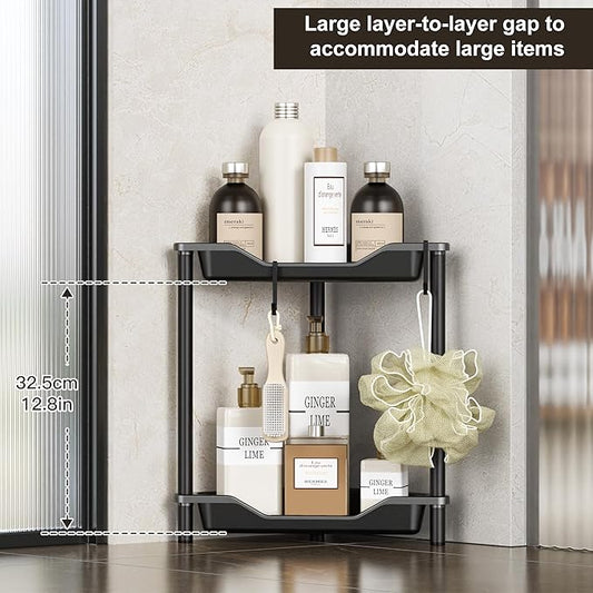 Orimade Rustproof 2 Tier Floor Standing Corner Shower Caddy Organizer, Plastic Metal Splicing Floor Corner Shelf Rack Stands for Bathroom, Black