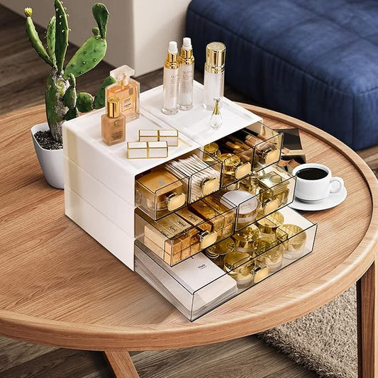 2PACK Stackable Desktop Storage Organizer Plastic Desk Organizer with Drawer Stacking Drawer for Home, Makeup, Vanity, Garage,Office, and Small Organization(M - 2 Drawer, Cream White)