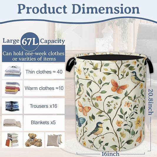 Bird Butterfly Laundry Basket,Oxford Cloth Vintage Nature Laundry Hamper With Handle Foldable Portable Clothes Storage Basket for Laundry Room/Bedroom/Bathroom 20.8"x16"