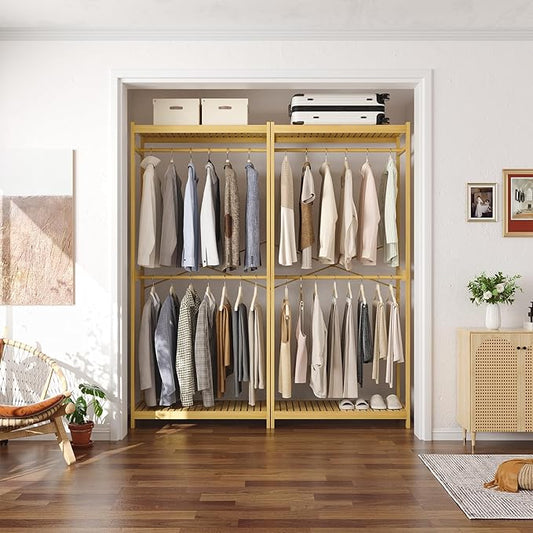 Homykic Bamboo Clothes Rack with Shelves and Double Hang Rods, Portable Closet System Garment Rack for Hanging Clothes, Tall Clothing Rack Corner Closet Organizer, Easy to Built, Natural