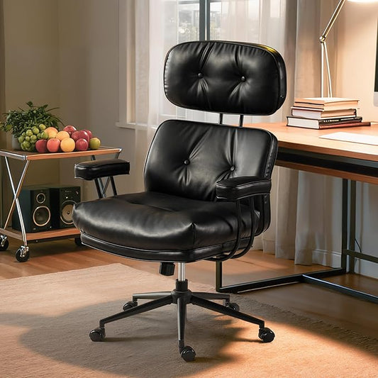 Mid-Century Modern Office Chair, Home Office Desk Chair with Adjustable Lumbar Support, Thickened Cushion Executive Desk Chair with 360 Rolling Swivel for Meeting Game Study Room(Black)
