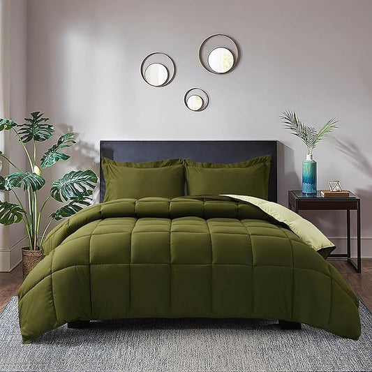 HIG 3pc Olive Green Queen Comforter Set - All Season Reversible Down Alternative Comforter with Two Shams - Quilted Duvet Insert with Corner Tabs - Box Stitched - Breathable, Soft, Fluffy