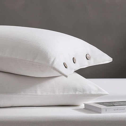 JELLYMONI Pillowcases Standard Set of 2 Cotton Button Pillow Covers 20×26in Cream White Bed Pillow Cases 100% Washed Cotton Soft Breathable (Pillows are not Included)