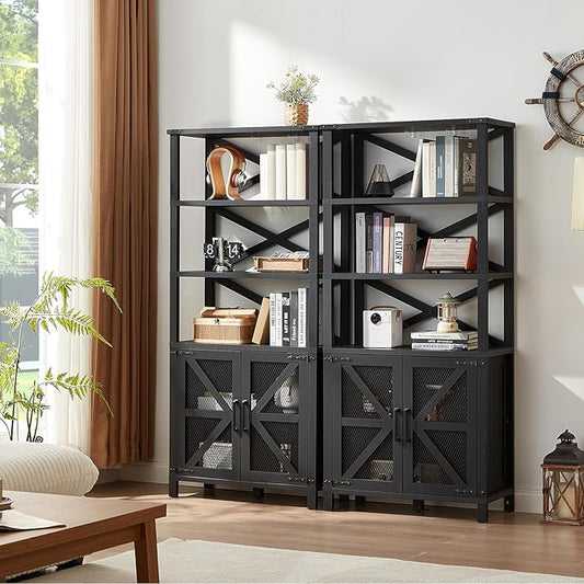 5 Tier Bookshelf 70" Tall Bookcase with Barn Doors,Large Farmhouse Display Book Shelf with Adjustable Shelves and Storage Cabinet, Wood Bookshelves for Living Room,Kitchen,Antique Black(2PCS)