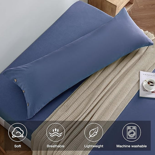 JELLYMONI Pillowcase Body Cotton 1pc Button Blue Pillow Case 20×54in 100% Washed Cotton Soft Breathable Pillow Covers(Pillows are not Included)