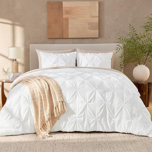 Andency White Queen Comforter Set(90x90Inch), 3 Pieces Cute Pinch Pleat Bedding Comforters & Sets for Queen Bed, Soft Lightweight Fluffy Down Alternative All Season Bed Set