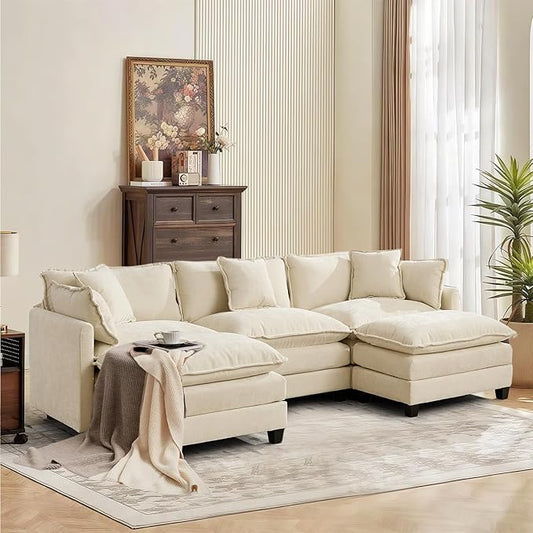 SoarFlash 113.78" Chenille Sectional Sofa, Comfy U Shaped Modular Coush Sofa with Ottoman, Modern 4 Seat Couch Deep Seat Sofa Set for Living Room,Beige