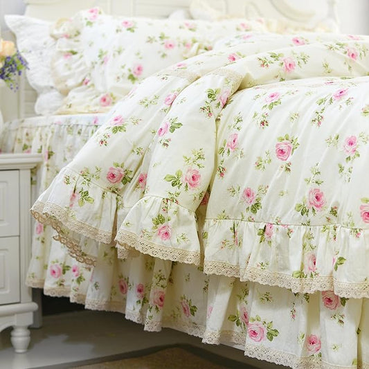FADFAY Rosette Floral Print Duvet Cover Set Princess Lace Ruffle Bedding Set for Girls 3 Pieces King Size