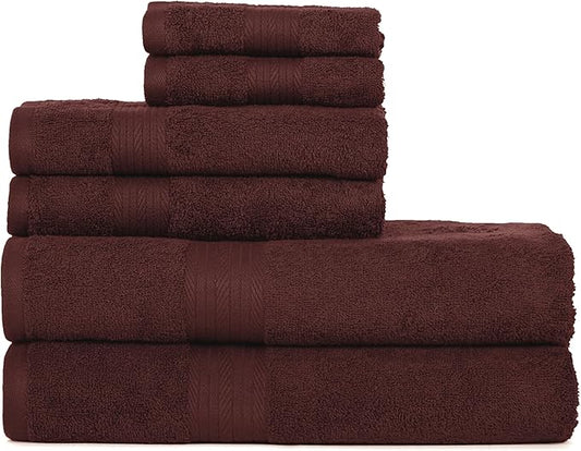 Ample Decor 100% Cotton Bathroom Towels Set of 6-2 Bath Towels, 2 Hand Towels, 2 Wash Cloths, Quick Drying - Brown Towel Sets