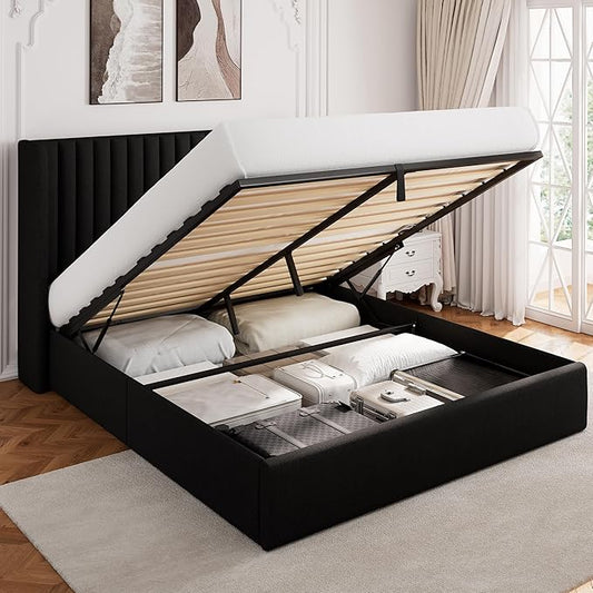 Queen Size Lift Up Storage Bed, Upholstered Platform Bed Frame with Wingback Headboard, Hydraulic System, Solid Wooden Slats Support, Noise-Free, Easy Assembly, No Box Spring Needed, Black