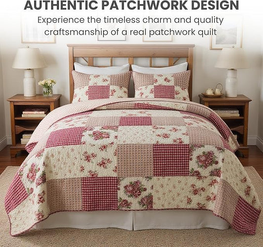 SLPR Country Roses Patchwork Cotton Pieced Quilt Set - Queen Size with 2 Shams, French Country Style Floral Bedding, Red Rose Farmhouse Quilted Bedspread with Flower Pattern